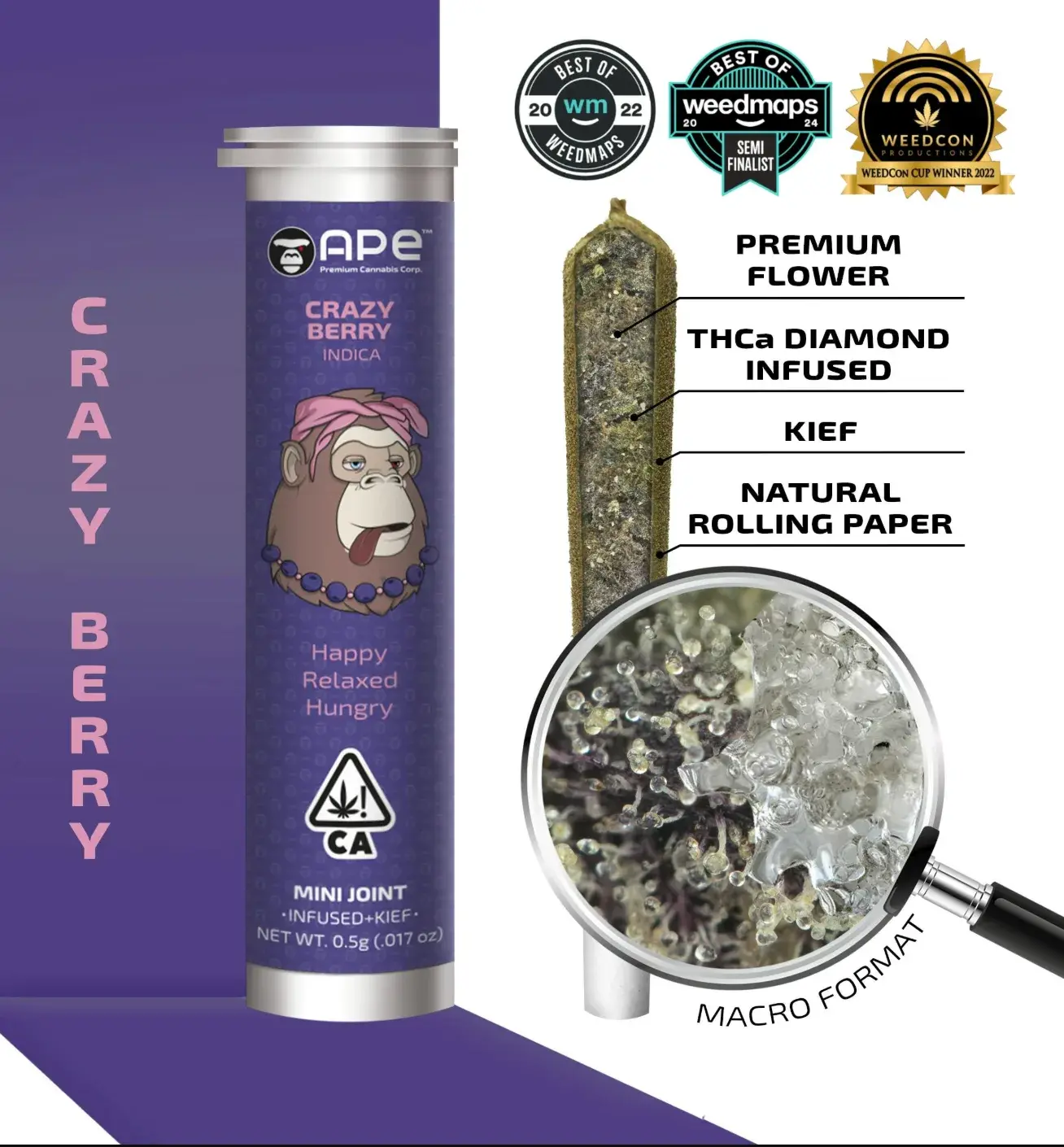 Ape 0.5g Infused Single Joint - Crazy Berry 43% Indica