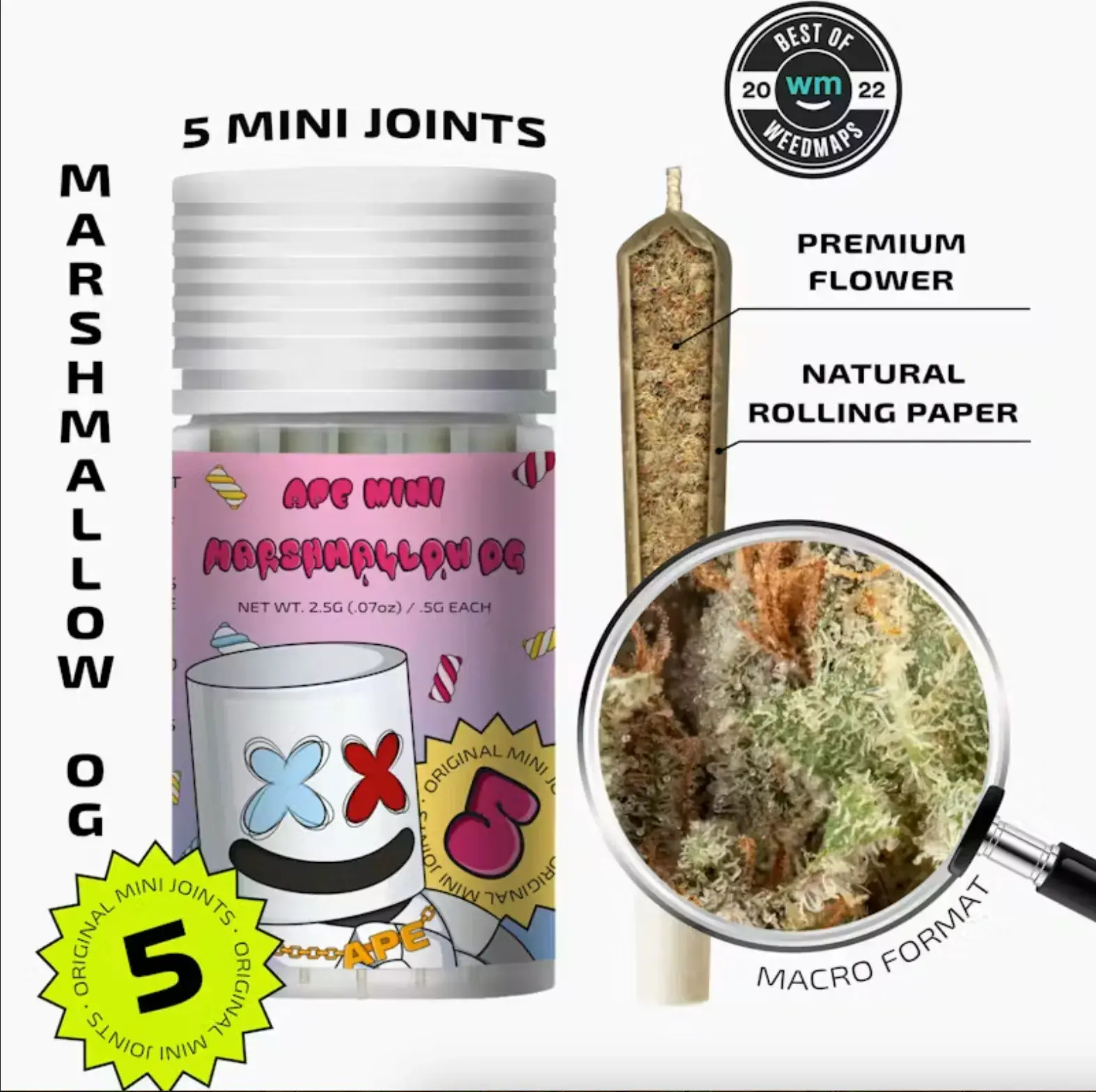 Ape 5pk 2.5g Mini Joints - Marshmallow OG 37% Hybrid