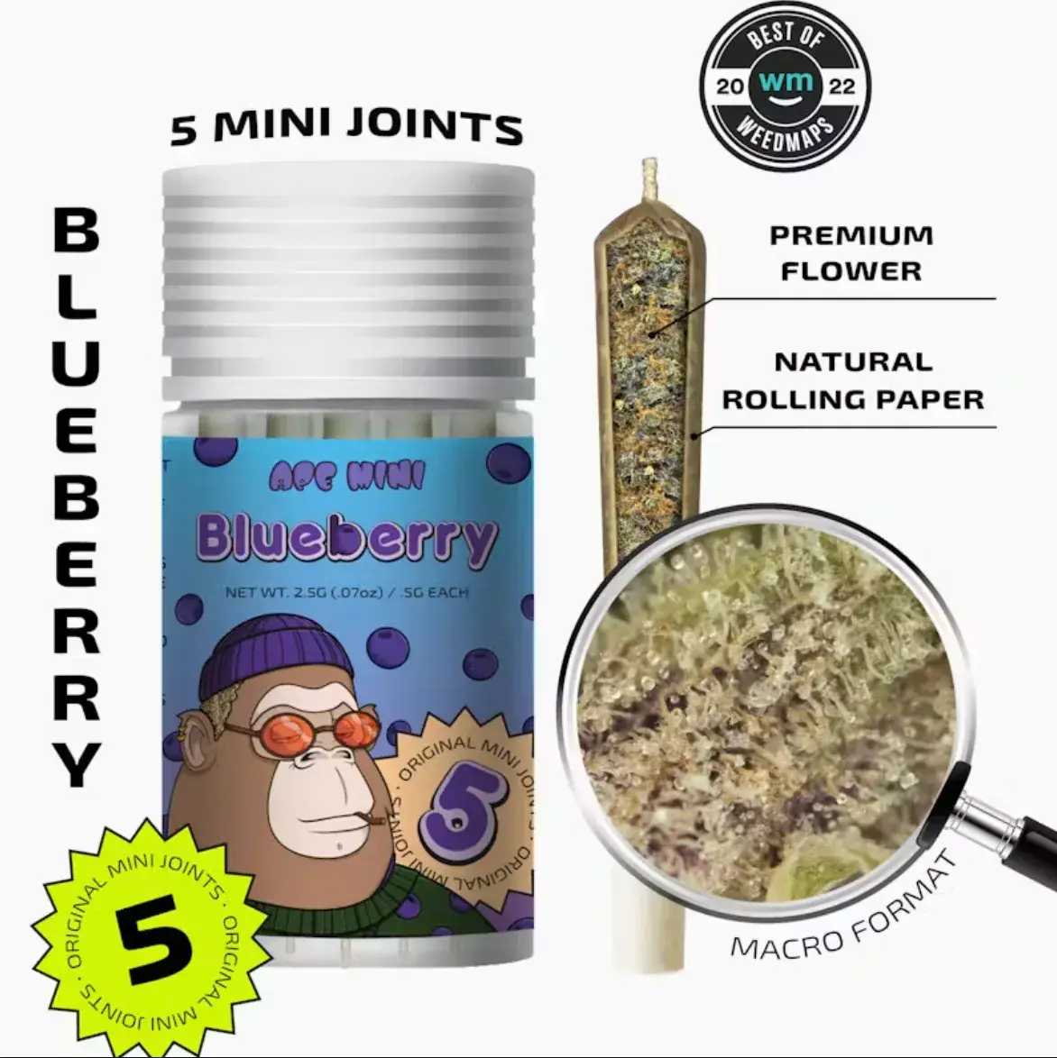 Ape 5pk 2.5g Mini Joints - Blueberry 27% Indica