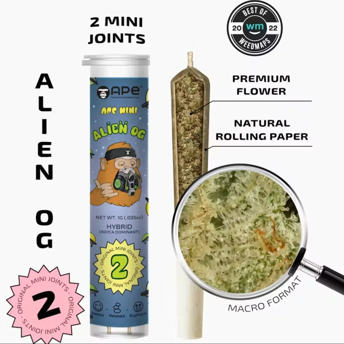 Ape 2pk 1g Mini Joints - Alien OG 46% Hybrid