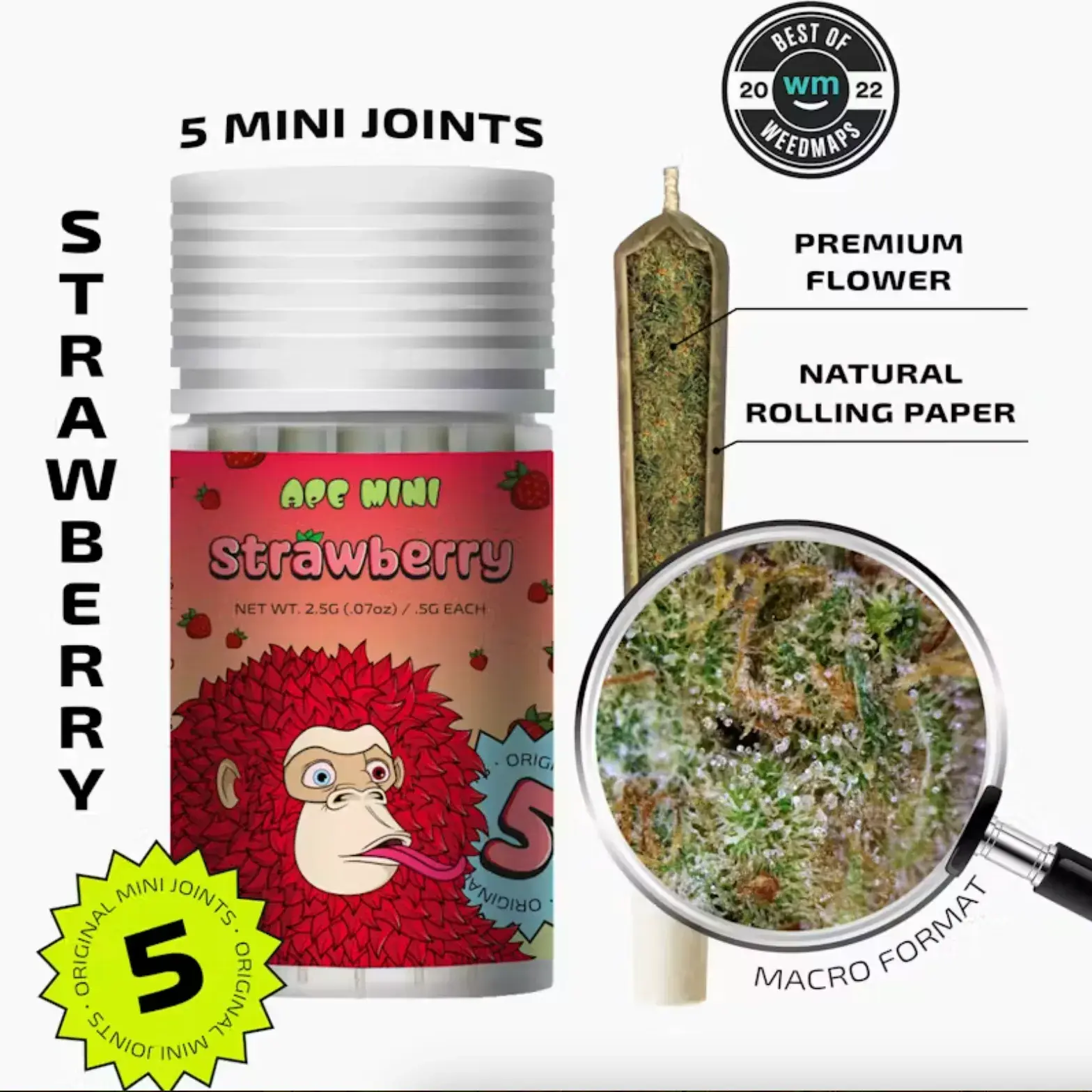 Ape 5pk 2.5g Mini Joints - Strawberry 30% Sativa